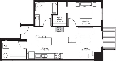 Floor plan for 1 bed, 1 bath, 832 sqft